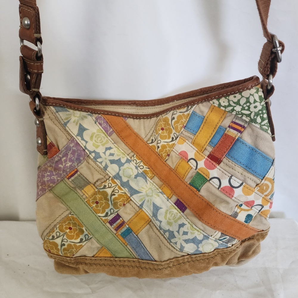 FOSSIL Patchwork Crossbody Handbag Canvas Leather Trim Boho